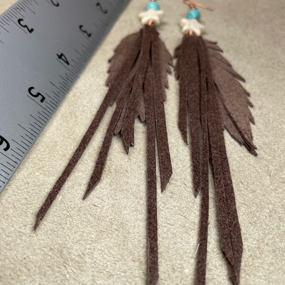 REDUCED Howlite Gemstone And Turquoise Genuine Brown Leather Fringe Earrings - Picture 13 of 15